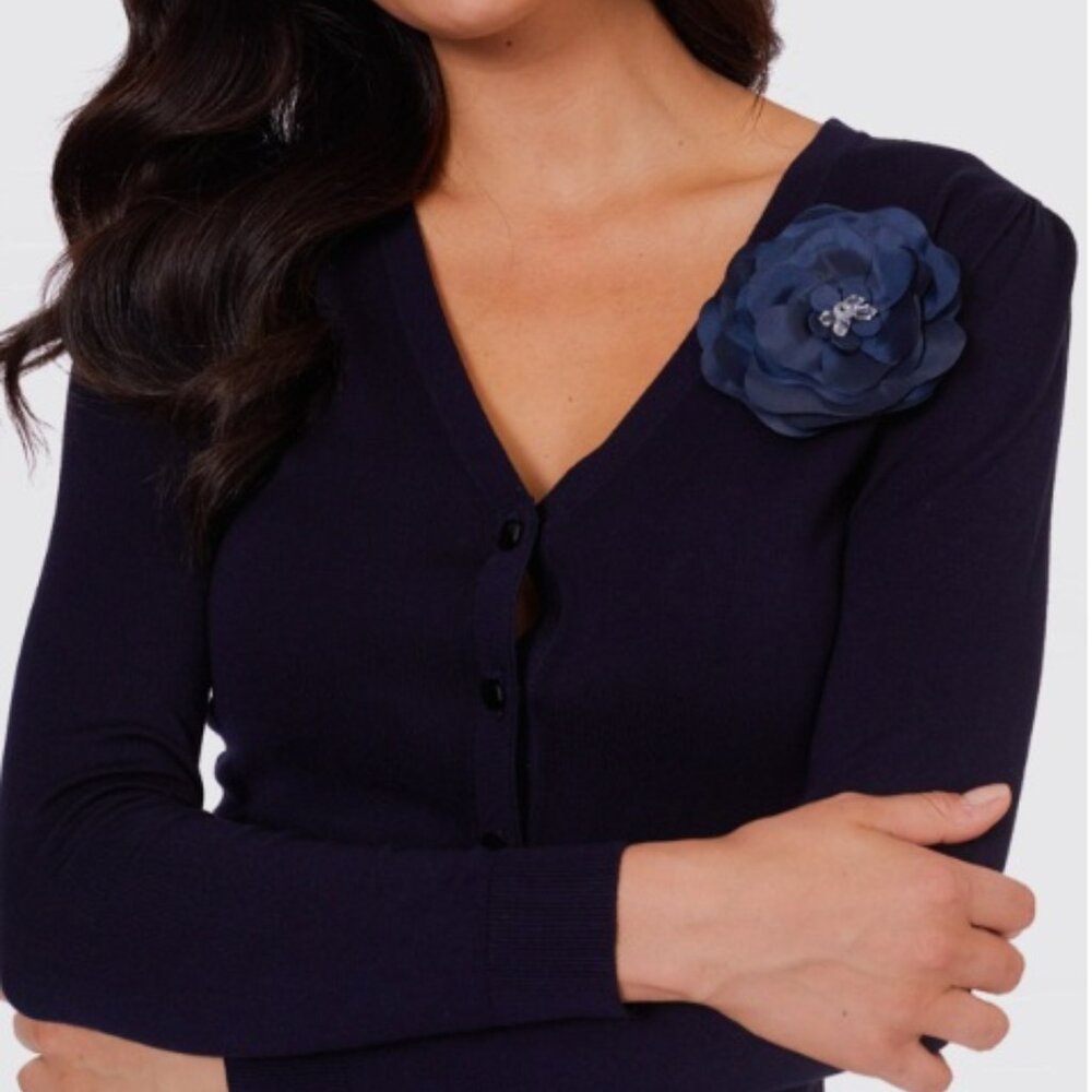 Alannah Hill navy long sleeve cardigan w/ jeweled flower, sz 4 (RRP 139.95)